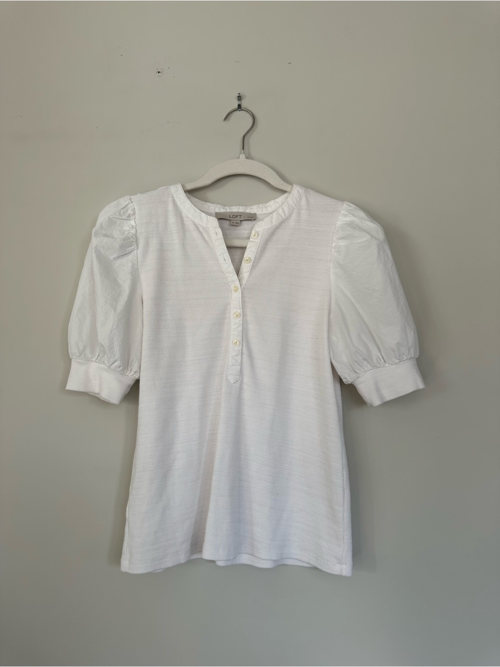 LOFT White Puff Sleeve Henley Blouse